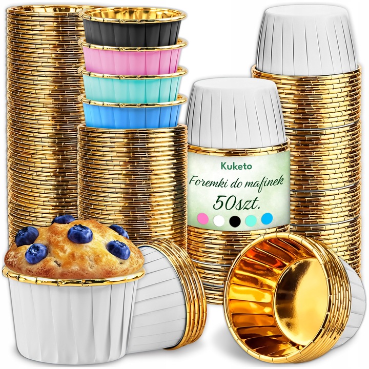 Комплект форми за мъфини, Kuketo, алуминий, устойчив на влага и висока температура, незалепващо покритие, запазва формата на сладкишите, 5 см х 4 см, многоцветни, 50 части