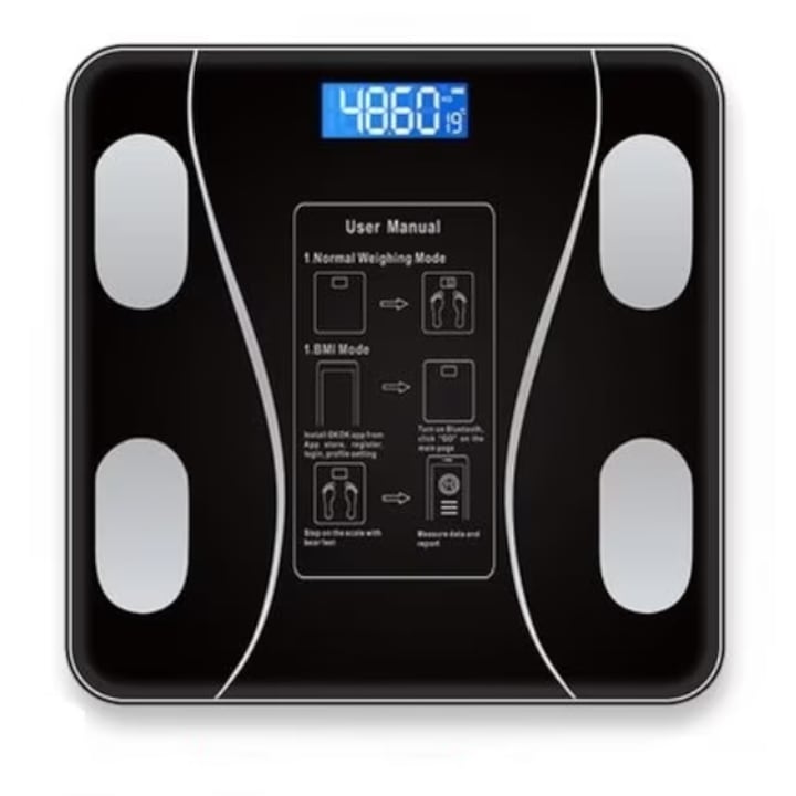 Digitális Testzsír Mérleg Bluetooth-szal és Fejlett Elemző Funkcióval, Kompatibilis iOS és Android Alkalmazásokkal, Edzett Üveg Felület, Tiszta LCD Kijelző, 4 Precíziós Érzékelő, Automatikus Kalibrálás, 180 kg Kapacitás, Modern Design a Monit számára