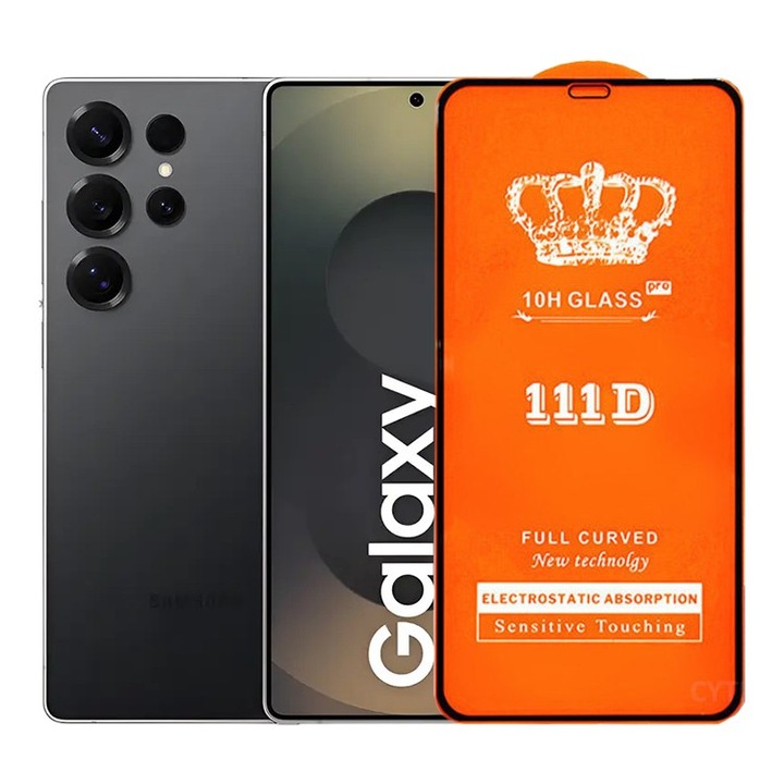 Протектор за екран от закалено стъкло за Samsung Galaxy S25 Ultra, Flippy, Защитно стъкло, съвместимо със Samsung Galaxy S25 Ultra, Пълно покритие 111D, 10H GLASS, Черни ръбове, Прозрачно