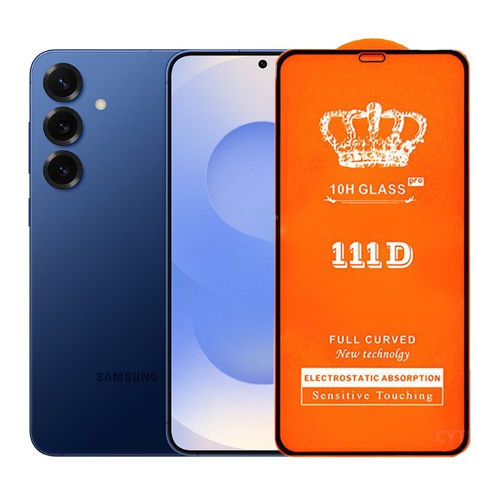 Протектор за екран от закалено стъкло за Samsung Galaxy S25 Plus, Flippy, Защитно стъкло, съвместимо със Samsung Galaxy S25 Plus, Пълно покритие 111D, 10H GLASS, Черни ръбове, Прозрачно