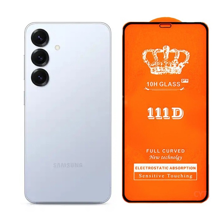 Протектор за екран от закалено стъкло за Samsung Galaxy S25, Flippy, Съвместим със Samsung Galaxy S25, Full Cover Series 111D, 10H GLASS, Черни ръбове, Прозрачен