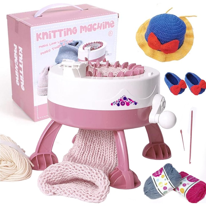 Машина за плетене с 22 игли, Socodox, модели за плетене и две кълбета прежда, координация око-ръка, взаимодействие родител-дете, за DIY шапки, ръкавици и чорапи, ABS, за възрастни/деца, розов