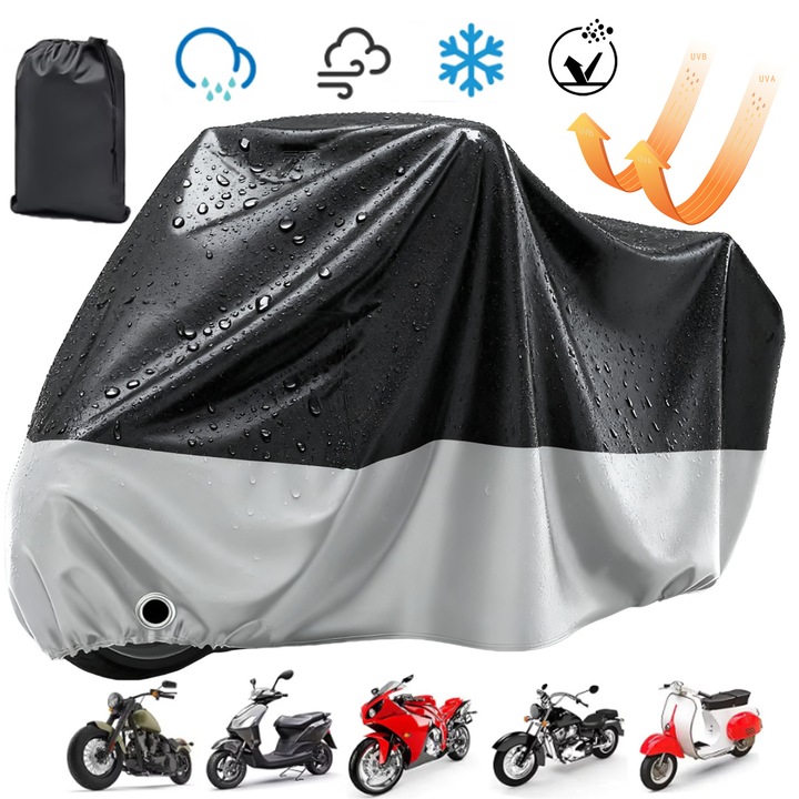 Motorkerékpár takaróponyva, Socodox, 245x105x125cm, Eső, Szél, Hó és Porálló, UV-álló, Robogóhoz és Motorhoz, Összecsukható, Teljes Védelem, Motoros Kiegészítők, Tartós Oxford Anyag, Fekete/Ezüst