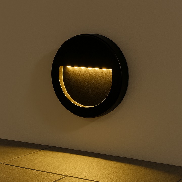 Aplica LED de Perete, Circulara, Exterior, 3W (30W), Negru, IP65 Rezistent la apa, Lumina calda 2700K, pentru fatade, scari sau zone de trecere