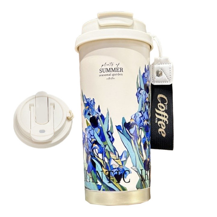 Термоизолирана пътна чаша от неръждаема стомана с двойни стени, Unloshe, с херметичен капак и сламка, за многократна употреба, подходяща за кафе и чай, преносима чаша от 500 ml, модел Blue Swallowtail