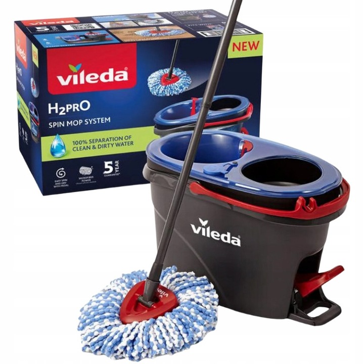 Set mop rotativ cu galeata Vileda H2prO, sistem cu doua compartimente, 130cm, multicolor
