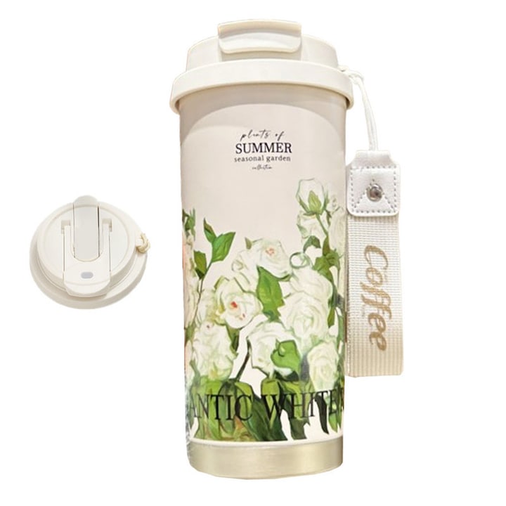 Термочаша от неръждаема стомана с двойни стени, Unloshe, с херметичен капак и сламка, за многократна употреба, подходяща за кафе и чай, преносима чаша 500 мл, модел White Gardenia