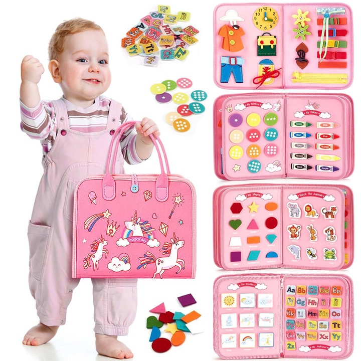 Играчка за деца, Socodox, Интерактивна, Монтесори, сензорни дейности, за развитие на двигателните умения и вниманието, координация ръка-око, идеална за пътуване, безопасни и издръжливи материали, подарък за бебета, розов