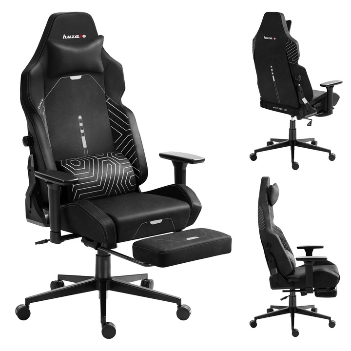 Геймърски стол, Huzaro Force 8.1, разтегаема подножка, накланяне до 135°, капацитет 150 кг, черен
