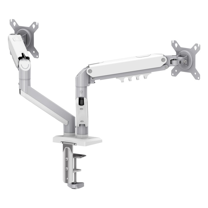 Asztali állvány 2 monitorhoz Mark Adler Flow 4.0, 15" - 32", állítható, akár 9 kg/képernyő, irodai íróasztalhoz, VESA 75x75/100x100, alumínium, ezüst színű