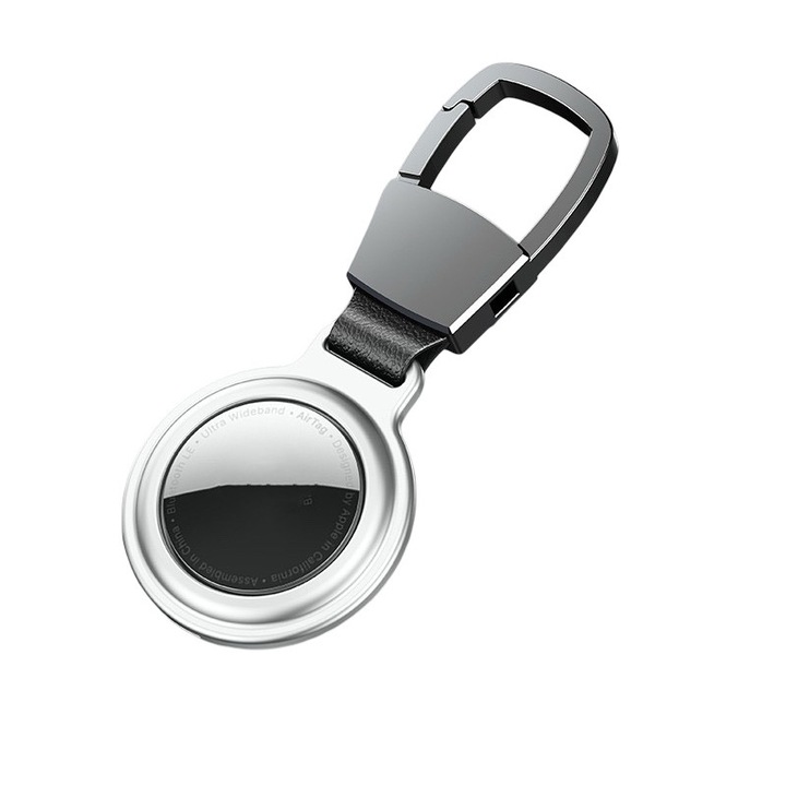 Breloc Airtag cu Husa Metalica - Rezistent la Zgarieturi, Compatibil cu Chei, Genti, Bagaje, Cu Suport din Otel Inoxidabil pentru AirTag, Argintiu