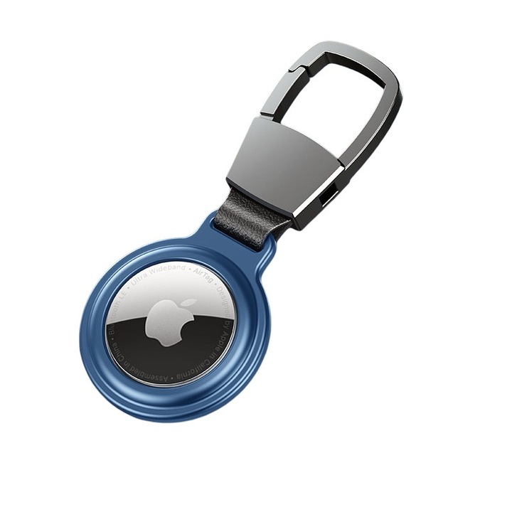 Breloc Airtag cu Husa Metalica - Rezistent la Zgarieturi, Compatibil cu Chei, Genti, Bagaje, Cu Suport din Otel Inoxidabil pentru AirTag, Albastru