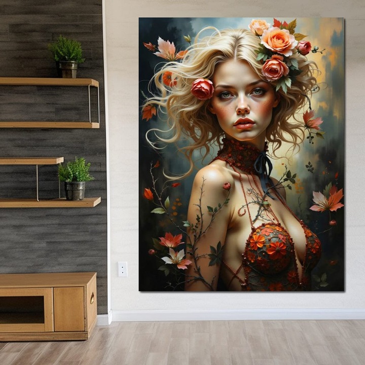 Премиум картина върху платно, LuxCanva® G1167, Жена в гората, 45 X 60 см, 100% памучно платно 400 г/м2, дървена рамка, Фантастично, Цветя, Природа, Романтично, Мистично, Богиня, Бохемско, Приказно, Диво, Рокля, Флорални, Фюжън, Русо, Офис, Хол, Спалня