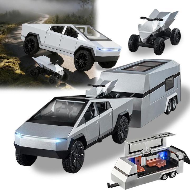 Masinuta Pickup Trailer RV, buyya, 1:32, tehnologie PullBack, cu sunet/lumina, include ATV, rulota, interior realist, piese mobile, Masina turnata sub presiune din aliaj premium, 37 x 7 x 6.5 cm, cadouri ideale pentru masina de jucarie, argintiu