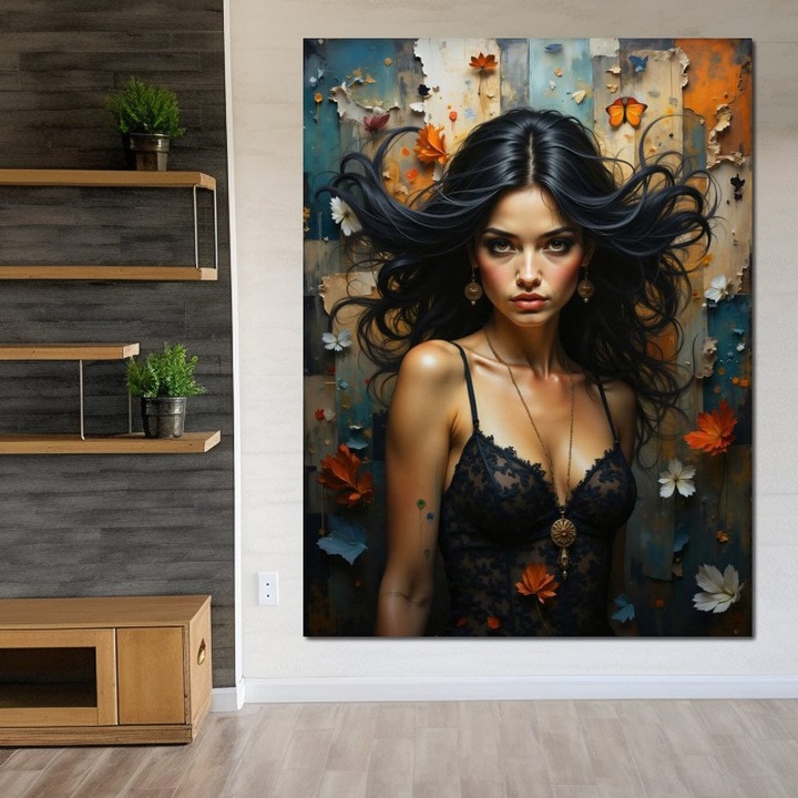 Премиум картина върху платно, LuxCanva® G1168, Време в колието, 75 X 100 СМ, 100% памучно платно 400 г/м2, дървена рамка, Портрет, Цветя, Листа, Вятър, Драматизъм, Колие, Винтидж, Рокля, Черно, Бохо, Еклектично, Фантазия, Вихър, Есен, Офис, Хол, Спалня