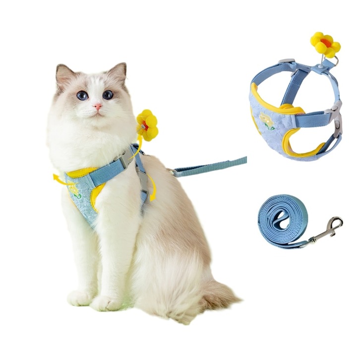 Нагръдник с каишка за домашни любимци, аксесоар с малки цветя, за малки кучета и котки, размер М, син