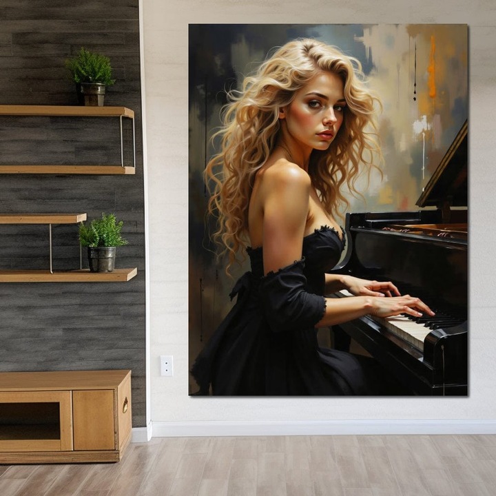 Премиум картина върху платно, LuxCanva® G1169, Рапсодия на музея, 45 X 60 см, 100% памучно платно 400 г/м2, дървена рамка, Симфония, Мелодия, Нощ, Тръпка, Акорди, Пиано, Дама, Ехо, Хармонии, Емоция, Елегантност, Меланхолия, Коса, Офис, Хол, Спалня