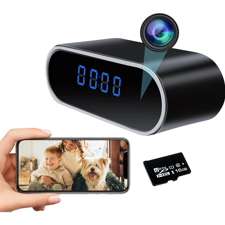 Мини шпионски камери Occuwzz™, Wi-Fi, IP, скрити в будилник, микрофон, инфрачервени, 1080P, активиране при движение, кръгла форма, включена Micro SD карта 16GB