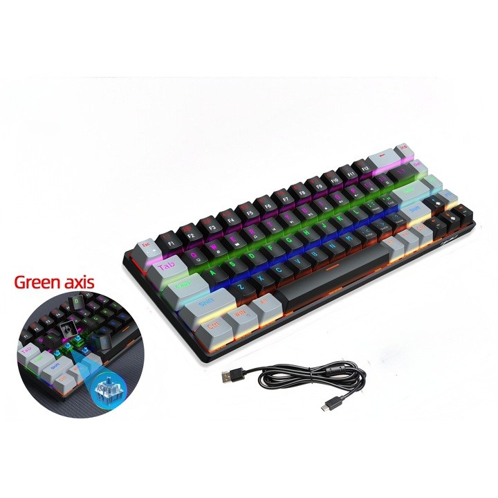 Ugo® Механична геймърска клавиатура, V800, 68 клавиша, двойно инжекционни капачки за клавиши, LED подсветка, Type-C интерфейс, сини превключватели, със защитно фолио за клавиатура, синя ос, цвят черен/сив