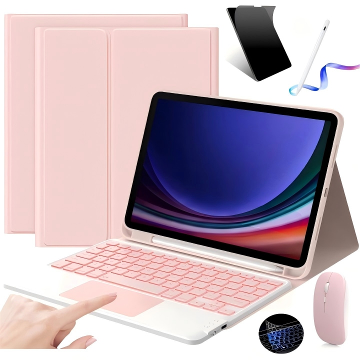 Husa cu Tastatura Touchpad pentru Samsung Galaxy Tab A9+/A11+ 11", Ugo®, Bluetooth Tastatura Detasabila cu Iluminare 7 Culori, Include GRATUIT Stylus Reincarcabil, Mouse, Folie Protectie Ecran, Membrana Din Silicon Pentru Tastatura, Roz