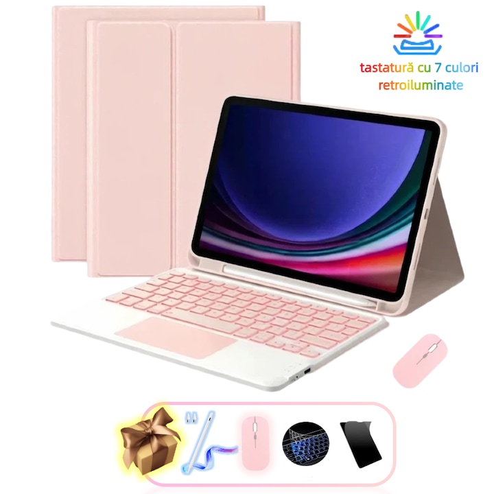Husa cu Tastatura Touchpad pentru Samsung Galaxy Tab A9+/A11+ 11", Ugo®, Bluetooth Tastatura Detasabila cu Iluminare 7 Culori, Include GRATUIT Stylus Reincarcabil, Mouse, Folie Protectie Ecran, Membrana Din Silicon Pentru Tastatura, Roz
