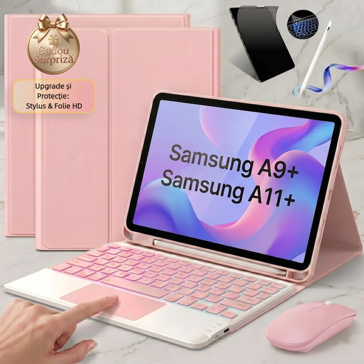 Husa cu Tastatura Touchpad pentru Samsung Galaxy Tab A9+/A11+ 11", Ugo®, Bluetooth Tastatura Detasabila cu Iluminare 7 Culori, Include GRATUIT Stylus Reincarcabil, Mouse, Folie Protectie Ecran, Membrana Din Silicon Pentru Tastatura, Roz
