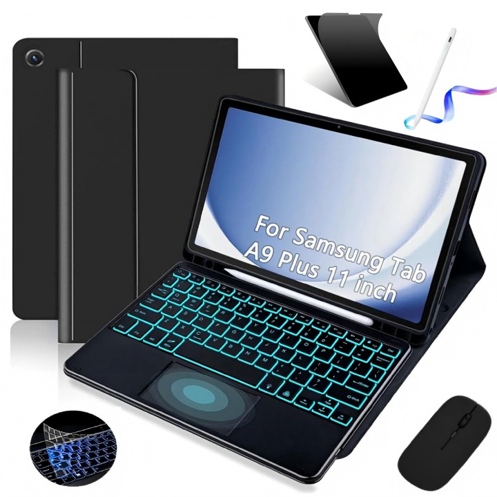 Husa cu Tastatura Touchpad pentru Samsung Galaxy Tab A9+/A11+ 11", Ugo®, Bluetooth Tastatura Detasabila cu Iluminare 7 Culori, Include Stylus Reincarcabil, Mouse, Folie Protectie Ecran, Membrana Din Silicon Pentru Tastatura, negru