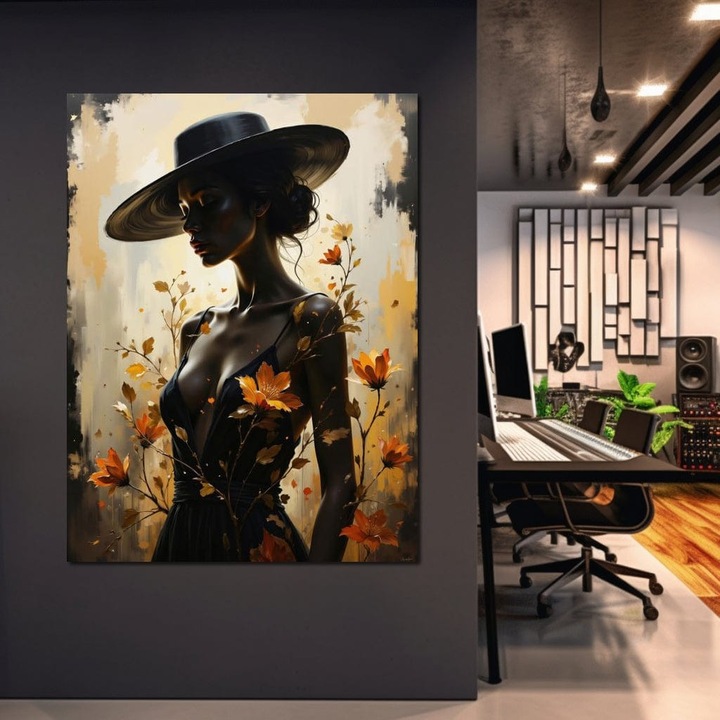 Картина върху платно, LuxCanva G1170, Rust Silhouette, 75 X 100 см, 100% памучно платно 400 г/м2, дървена рамка, дама, шапка, рокля, черно, цветя, есен, драматично, силует, венчелистчета, злато, романтизъм, барок