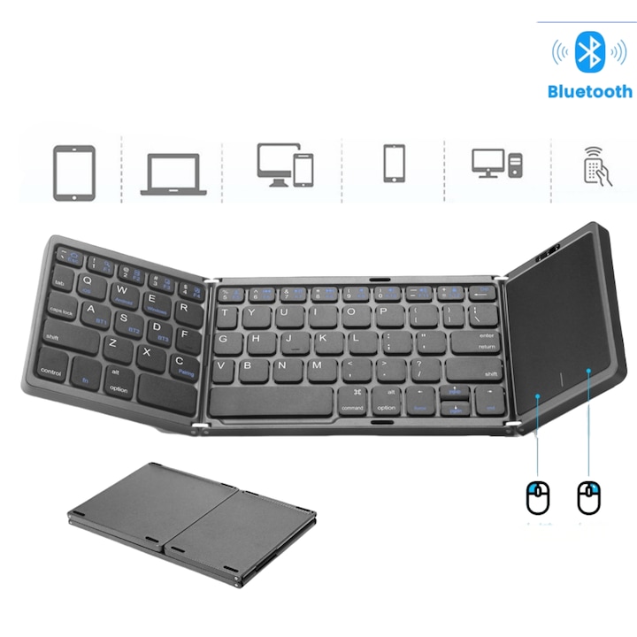 Ugo® Vezeték nélküli Bluetooth billentyűzet, háromba hajtható, ultravékony és hordozható, USB-C-n keresztül tölthető, 2 gombos kattintható érintőpaddal, Android, iOS, okostévék, táblagépek és PC-k kompatibilis, sötétszürke (gunmetal)