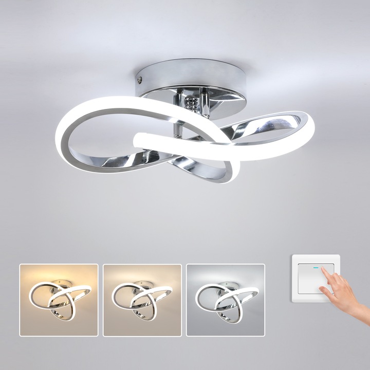 LED таванна лампа, Goeco, Детелина, Сребриста, 25см, 22W, Трицветна светлина 3000/4500/6500K, Подходяща за спалня, офис, детска стая, коридор