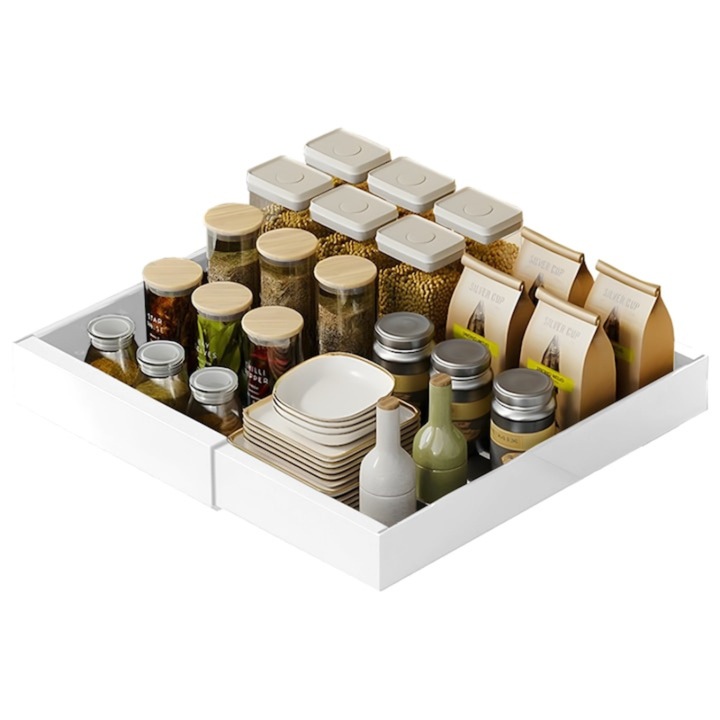 Organizator extensibil Macvi® pentru dulapuri, metal, sertar glisant, montare adeziva, capacitate mare, alb