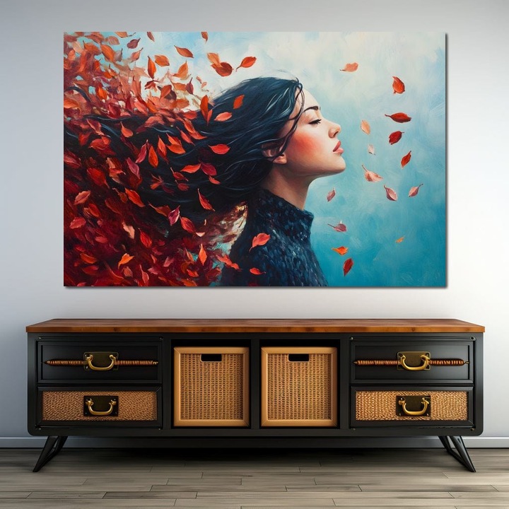 Премиум картина върху платно, LuxCanva® G1171, Вятър от мисли, 100 X 150 см, 100% памучно платно 400 г/м2, дървена рамка, ръжда, листа, момент, тишина, дъх, есен, спокойствие, поетично, вятър, интроспекция, полет, медитация, офис, хол, спалня