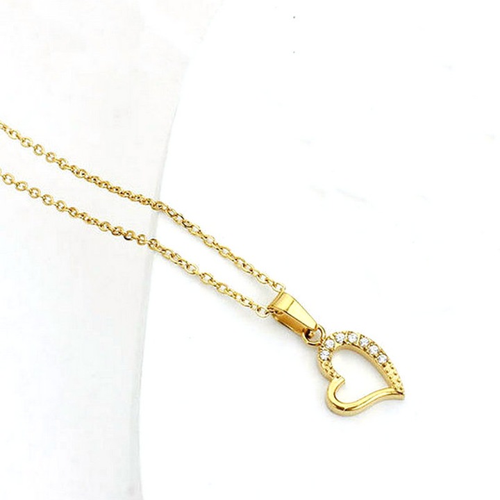 Colier dama, black King, inox, forma inima, Gol, zircon, aur