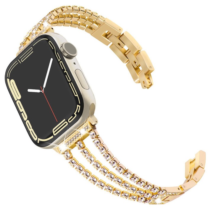 Curea de ceas cu gheare metalice si diamant, compatibila cu Apple Watch 42/44/45/46/49MM, potrivita pentru seria Apple Watch Ultra/SE/11/10/9/8/7/6/5/4/3/2/1. Nu sunt incluse doar ceasul si carcasa (aurie)