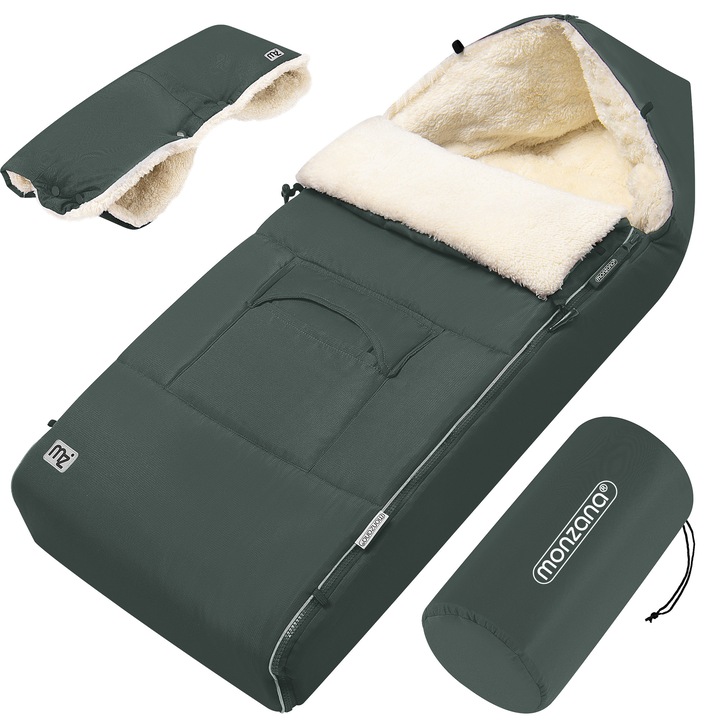 Sac de iarna pentru carucior Monzana, 90 x 60 x 12 cm, Poliester, Antiderapant, Cu husa, Gri/Verde