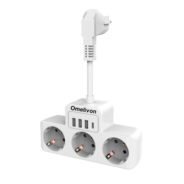 Удължителен кабел, Omelivon, 3 AC контакта, 3 USB порта, 1 USB C порт, защита за деца, бяло-сив, 5 см