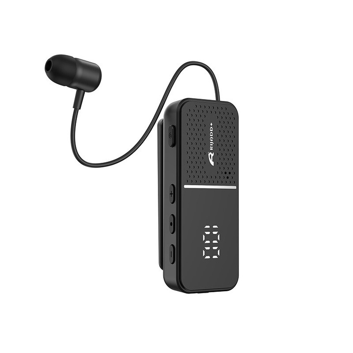 RX-Y10 klipszes Bluetooth fülhallgató, 50 óra üzemidő, Kétcsatornás ENC, 31 cm-es visszahúzható kábel, HiFi hangzás, Bluetooth 6.0, Kettős csatlakozás, Fekete