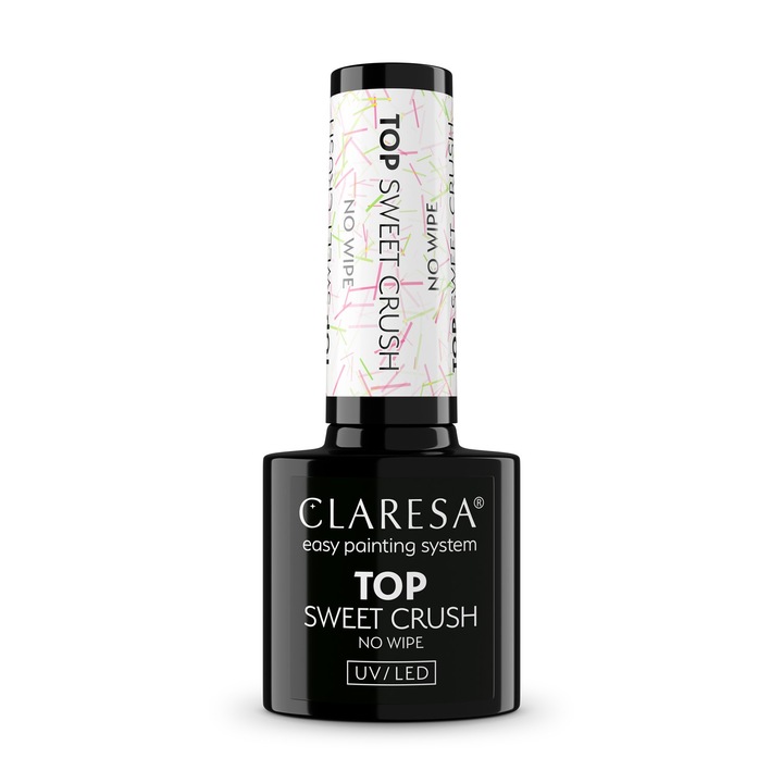 Oja Claresa Top No Wipe Sweet Crush 5g, transparenta cu sclipici neon, consistenta medie