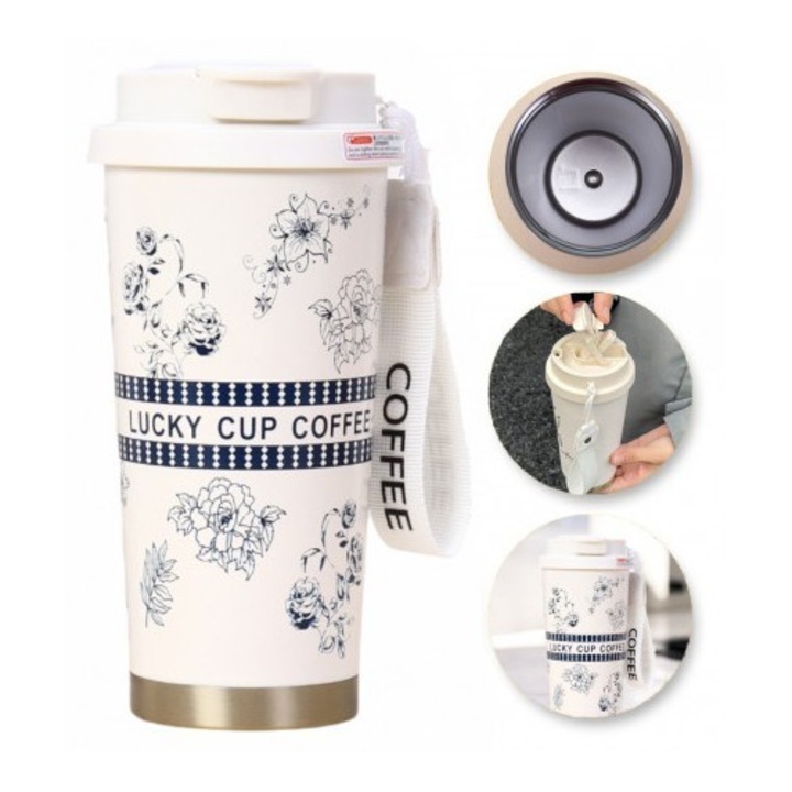 Termos din inox ECARLA, 550ml, cu capac si pai, alb, 19x9cm