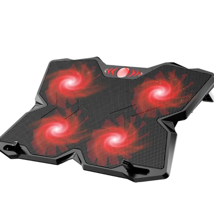 Cooler Laptop Gaming Si Office Cu 4 Ventilatoare LED, Viteza Reglabila, Racire Silentioasa 25dB, Compatibil 11-18 Inch, Port USB Dublu, Motor Puternic, Iluminare LED, Design Ergonomic, Grilaj Protectie, Smart Gadgets C&A, Negru