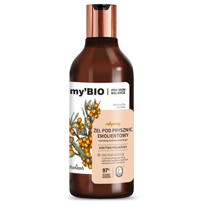 Farmona bőrpuhító tusfürdő, my'Bio, északi homoktövissel, 500ml, száraz és érdes bőrre