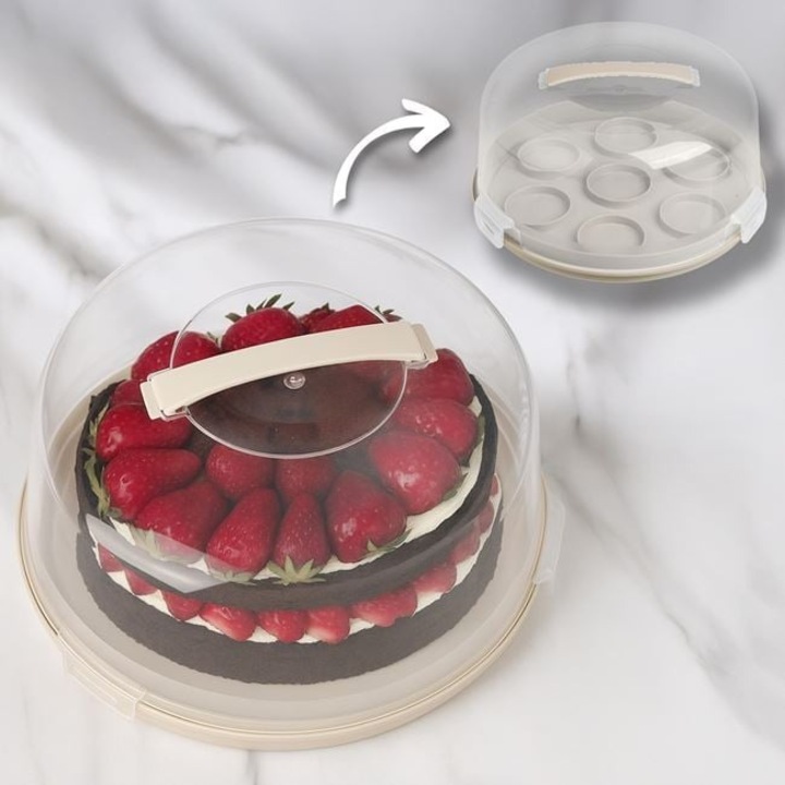 Suport Rotund pentru Prajituri si Briose, Plastic, Bej, Capac Transparent, 2in1 Ø28x14.5cm