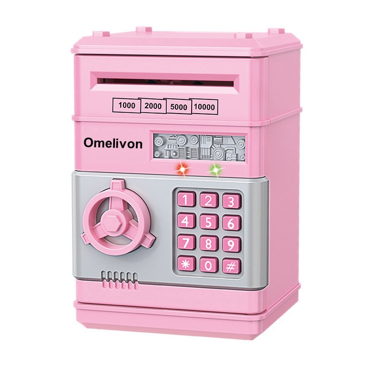 Banca de economii mini ATM, Omelivon, cu cod electronic, capacitate 600 monede, roz
