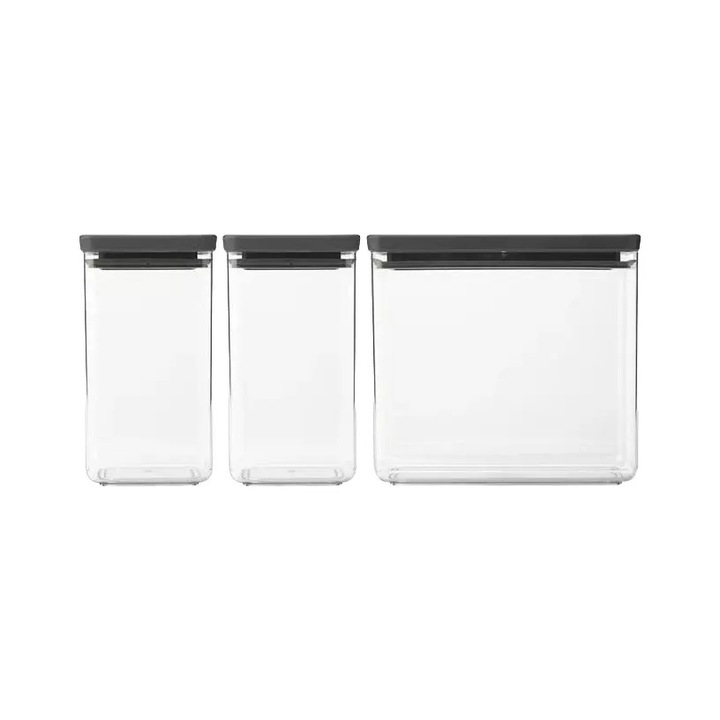 Set 3 recipiente de depozitare Brabantia, Tasty+, capacitate 1.6 litri si 3.5 litri, pastreaza alimentele proaspete, potrivit pentru lichide/solide, capac cu inchidere etansa, usor de curatat, lavabile in masina de spalat vase, transparent