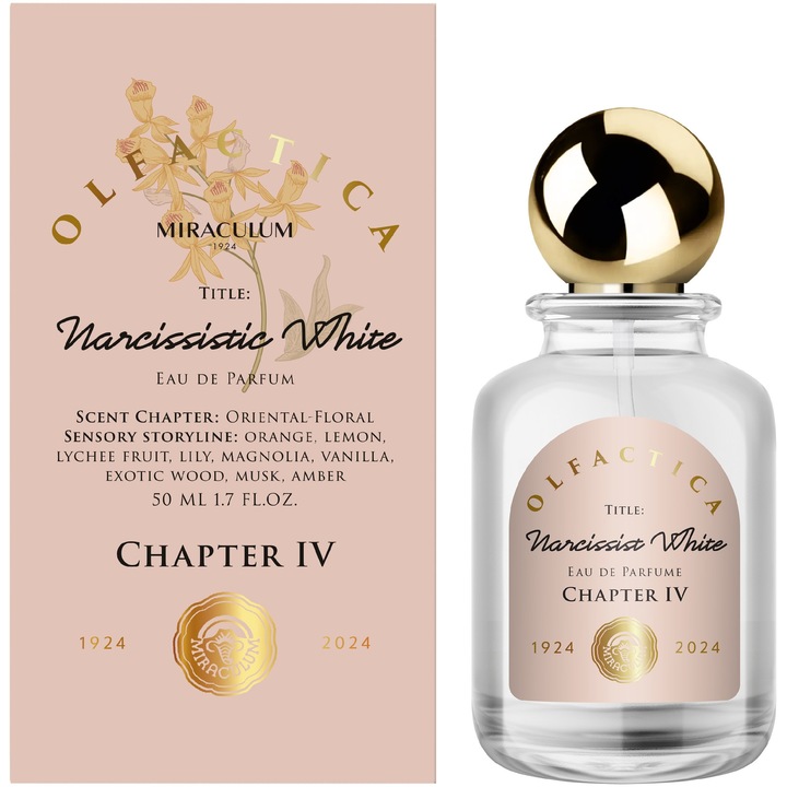Miraculum Olfactica Narcissistic White parfüm, 50 ml, virágos-gyümölcsös aroma, ajándékkészlet