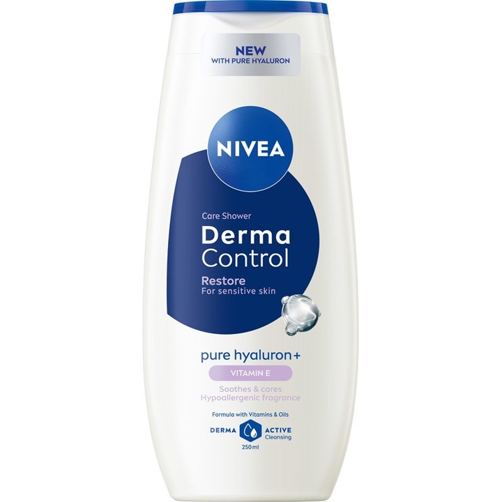 Душ гел Nivea Derma Control Restore, 250 мл, с хиалуронова киселина и витамин Е, неутрално pH