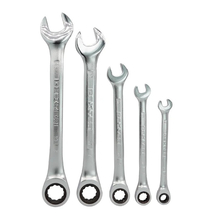 Set 5 chei combinate cu clichet Dexter, 8-19 mm, crom-vanadiu, 72 dinti