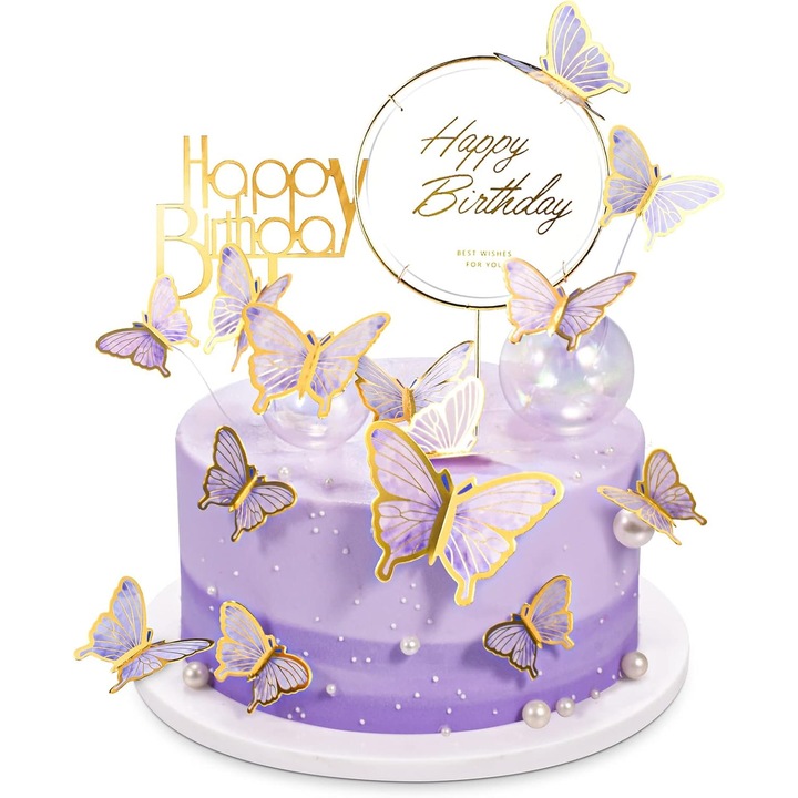 Set 22 bucati decoratiuni tort fluture cu topper acrilic "Happy Birthday", dimensiuni variate