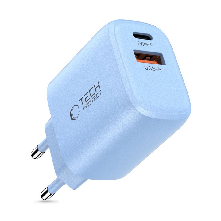 Incarcator retea TECH-PROTECT NCA30, 2 porturi USB-A/USB-C, 30W, Albastru, 59x40x27mm