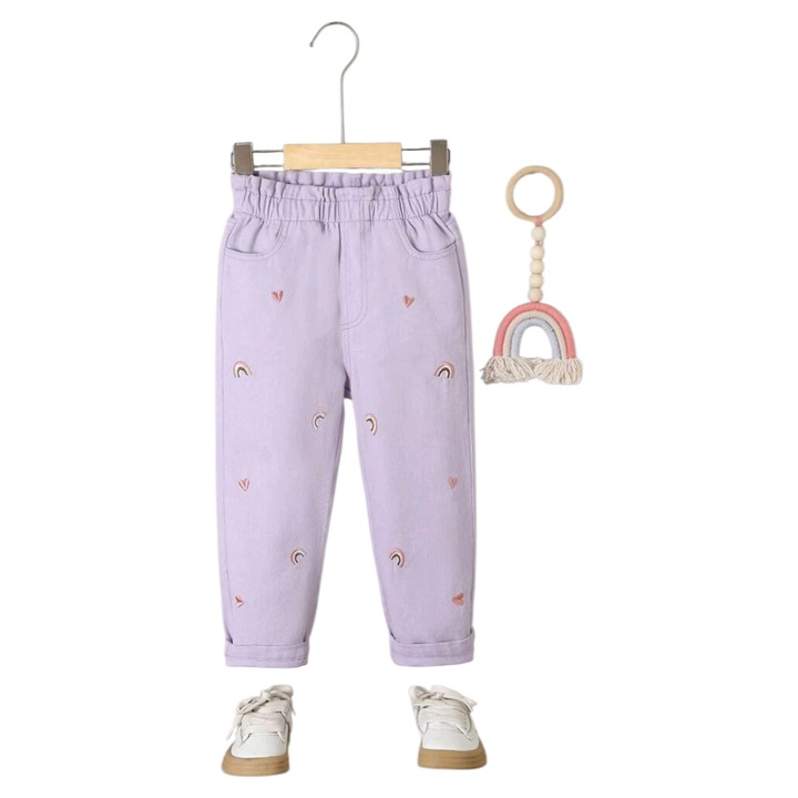 Lány farmernadrág, lila, szivárvány mintákkal, 5 éves, 110 cm